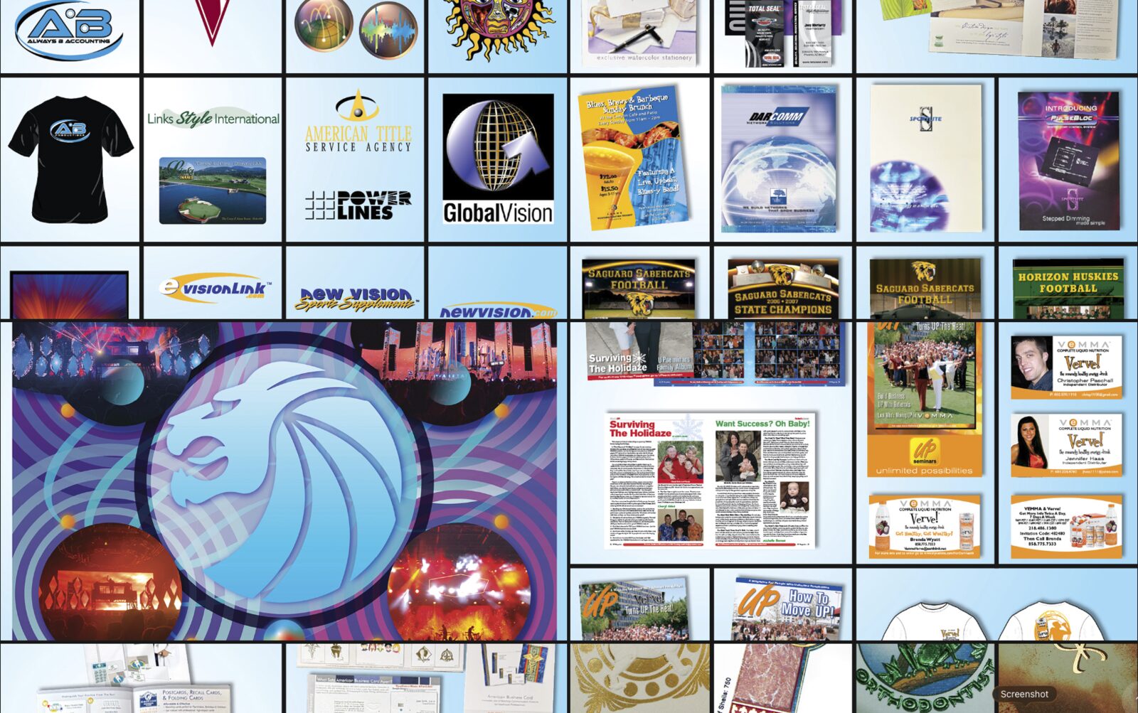 Collage of logos, brochures, apparel, packaging, and other work by Aurumus.Design.